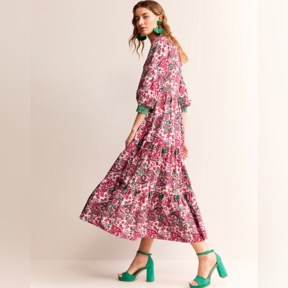 Boden Red and Green Ruffled Tiered Long Sleeve Dress